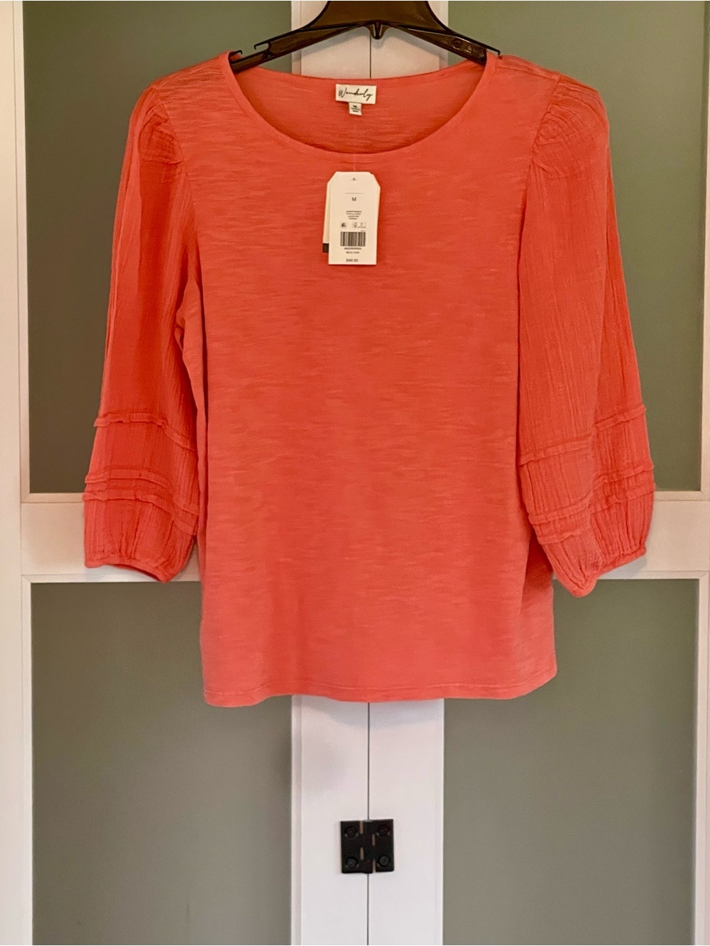 Wonderly Coral Textured 3/4 length Peasant Sleeve Top NWT